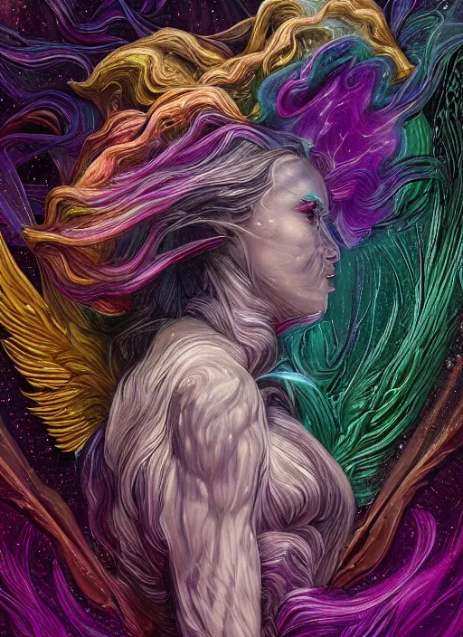 Prompt: nebula being, rainbow smoke, figure, veined, metallic, intertwined, exalted demonic baroque, Hyperdimensional alien, demonic, angelic, god rays, baroque, romanticism, post-impressionism, flowing cloths and feathers, dark smoke, tarot card, artstation, beautifully lit, hyperdetailed, beautiful lighting, trending on artstation beak, feathers, bird, alien, cloths, peacock, exalted, light leak, flowing cloths and feathers, dark smoke, hyperdetailed, beautiful lighting, artstation by Moebius, Klimt, Mohrbacher by yoshitaka amano, Moebius, Ljuba Popovic, Klimt, Mohrbacher by yoshitaka amano, Miles Johnston, James Jean, Mariusz Lewandowski, louise zhang