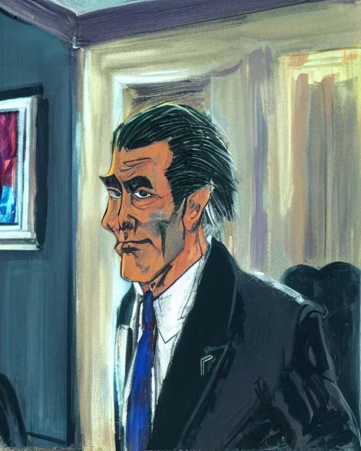 Image similar to portrait, center focus, smug male antagonist in suit, upscale hotel, artwork by ralph bakshi
