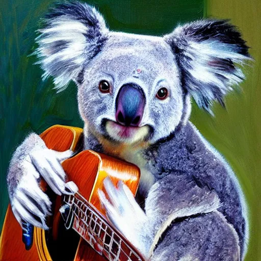 Prompt: portrait Koala playing a guitar, fine details. realistic shaded lighting by Ilya Kuvshinov Giuseppe Dangelico Pino and Michael Garmash and Rob Rey, IAMAG premiere, aaaa achievement collection, eyes open in wonder