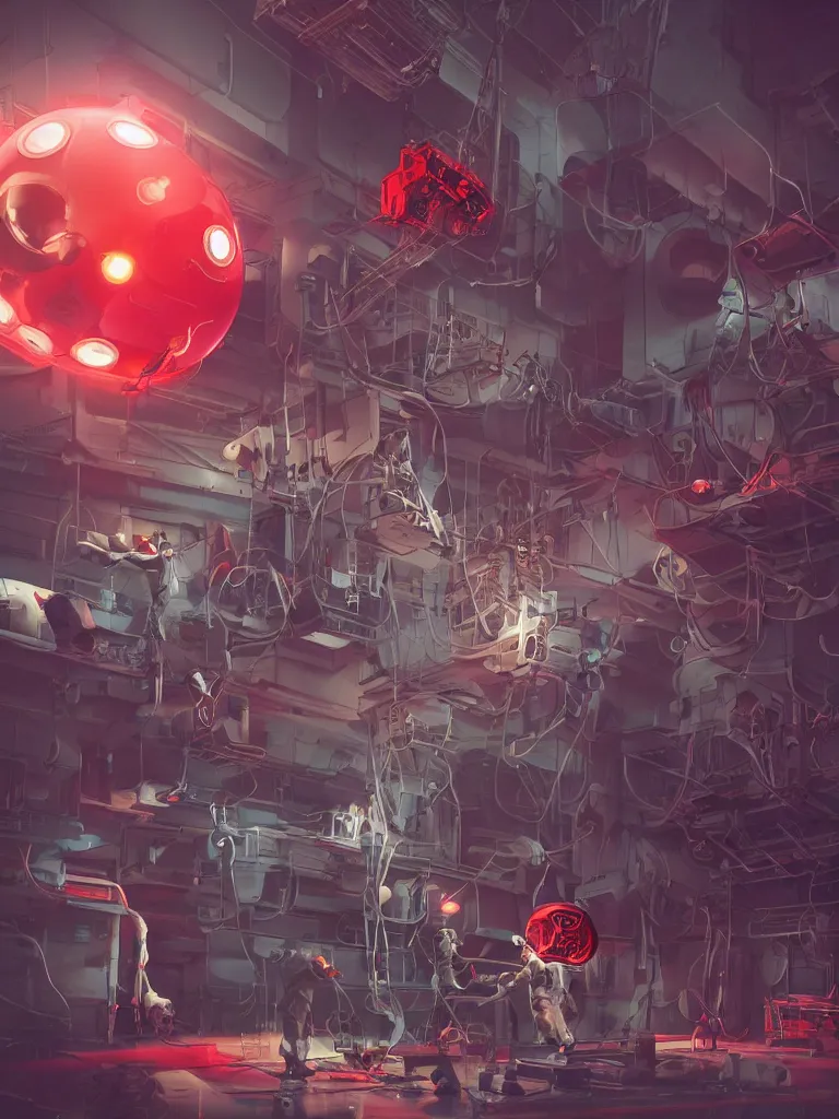 Image similar to graphic art of dystopian futuristic 1 0 mechanic surgeons in space suits, operate on a huge mickey - mouse! severed - head!! held by a crane. ominous glowing red netflix!!! sign in the background, trending on art station, beeple!!, clean concept art, smooth, octane render