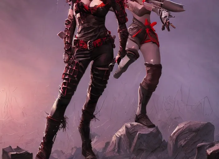 Image similar to poster!! beautiful new female character for 7 days to die, character concept art, action pose, illustration, full body armor, steel plating, huge weapon, super powers, athletic, long red hair, symmetry, intricate design, shiny, highly detailed, hd, dramatic lighting, art by artgerm and greg rutkowski