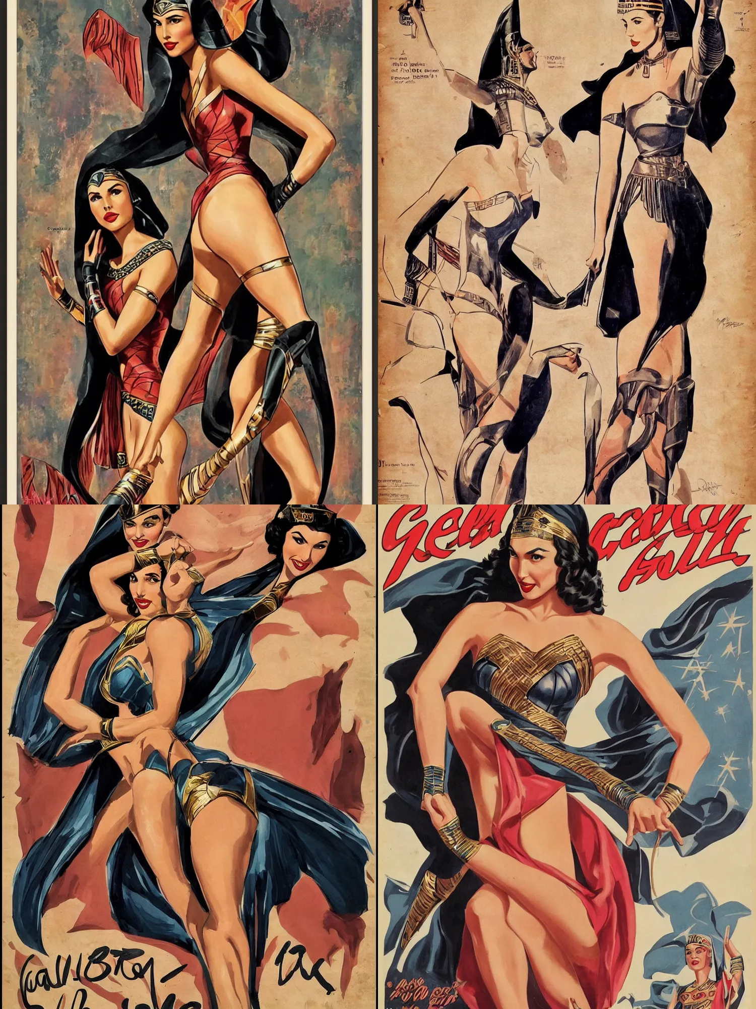 Prompt: Gal Gadot wearing headpiece and walking like an Egyptian, as a pin-up girl from the 1940\'s, full body, framed vintage poster