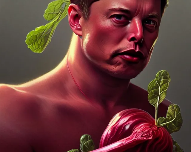 Image similar to elon musk in the image of beetroot, with burgundy skin, deep focus, d & d, fantasy, intricate, elegant, highly detailed, digital painting, artstation, concept art, matte, sharp, illustration, art by artgerm and greg rutkowski and alphonse mucha