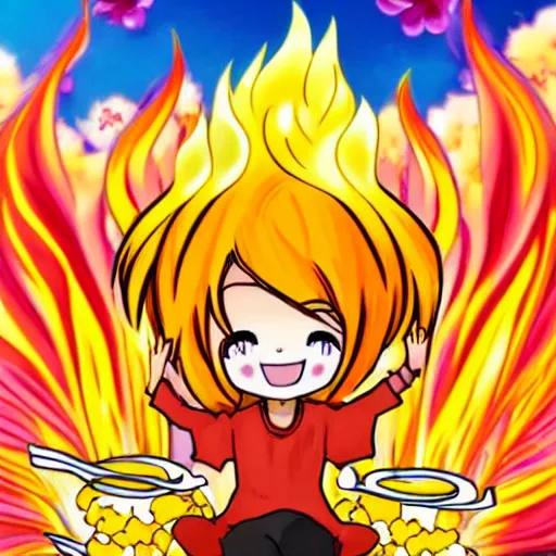 Prompt: anime style character of a piece of fluffy popcorn with a smiling face and flames for hair, sitting on a lotus flower, clean composition, symmetrical