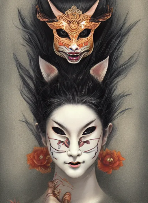 Image similar to a beautiful detailed oil on copper art illustration of a japanese hannya kitsune mask woman, the mask is broken, centered, by charlie bowater, zeng fanzh, trending on artstation, dim dusk lighting, cinematic lighting, detailed lighting, volumetric lighting, realistic, f 8, 4 k hd wallpaper