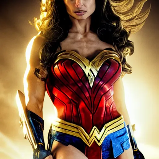 Image similar to trish stratus as wonder woman, artstation hall of fame gallery, editors choice, #1 digital painting of all time, most beautiful image ever created, emotionally evocative, greatest art ever made, lifetime achievement magnum opus masterpiece, the most amazing breathtaking image with the deepest message ever painted, a thing of beauty beyond imagination or words, 4k, highly detailed, cinematic lighting