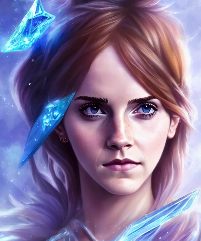 Prompt: Emma Watson as a ice magician, crystal maiden from dota 2, sci-fi, amber eyes, face, long hair, fantasy, intricate, elegant, highly detailed, digital painting, artstation, concept art, smooth, sharp focus, illustration, art by artgerm and greg rutkowski and alphonse mucha