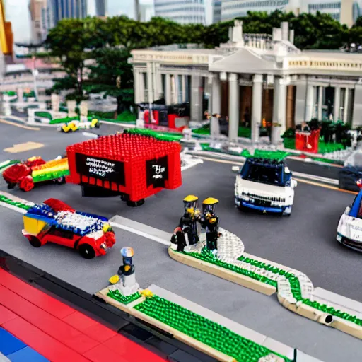 Image similar to An advertisement for a LEGO set of Dealey Plaza and the presidential motorcade
