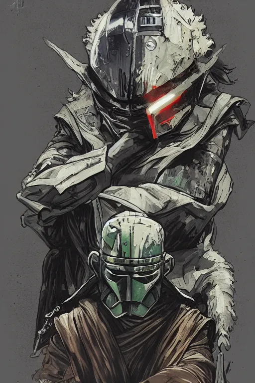 Image similar to star wars illustrated by yoji shinkawa, yoda, kenobi, mandalorian, ink, digital painting, highly detailed, trending on artstation, sharp focus, illustration, concept art, norman rockwell