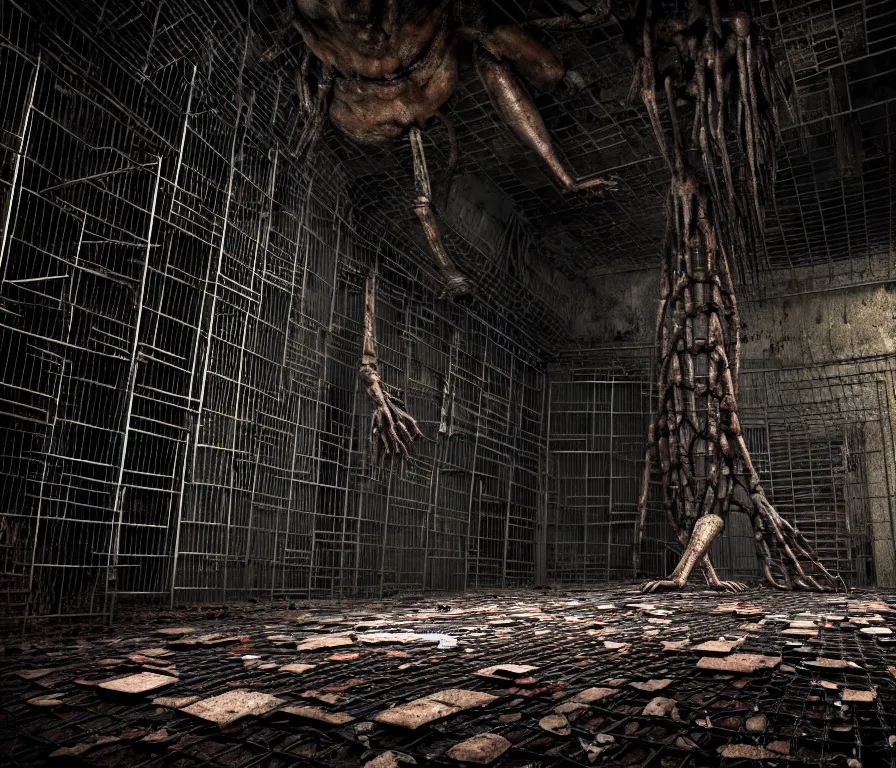 Prompt: creepy huge humanoid with long limbs sits on the floor. An underground very dark gloomy multi-layered structure of rusty thick iron grates, dense chain-link fencing and peeling walls. Inside view, collapsed floors, bent rusted iron, masterpiece, black background, corners, cinematic, hyperdetailed, photorealistic, hyperrealism, octane render, 8k, depth of field, bokeh, architecture, shadows, art by Zdzisław Beksiński, Dariusz Zawadzki