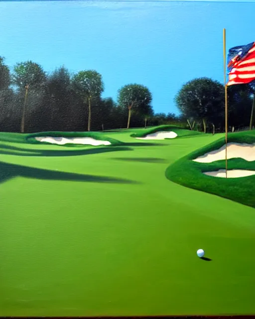 Prompt: oil painting of golf course, flag, oil painting,