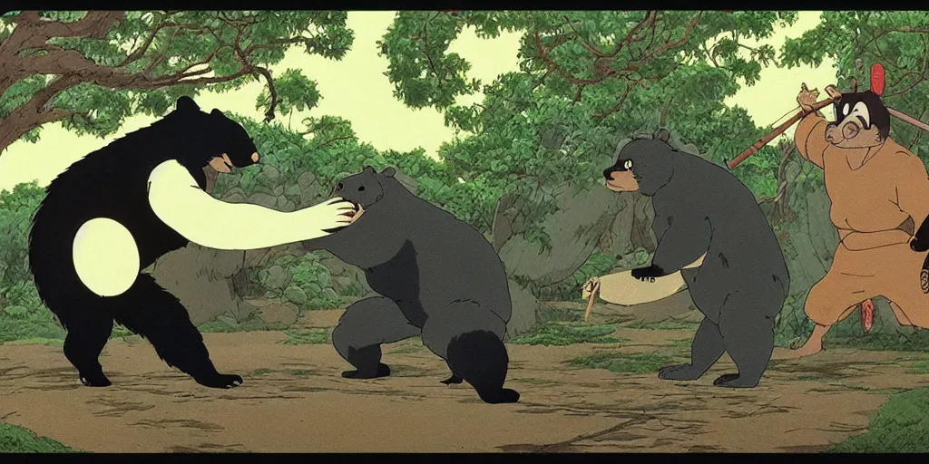 Image similar to scene from Pom Poko, 1994, movie still, cinematic, anthropomorphic, half man half asian black bear, black bear samurai, Moon Bear Samurai, epic, samurai, in the style of Studio Ghibli, Hayao Miyazak, Isao Takahata