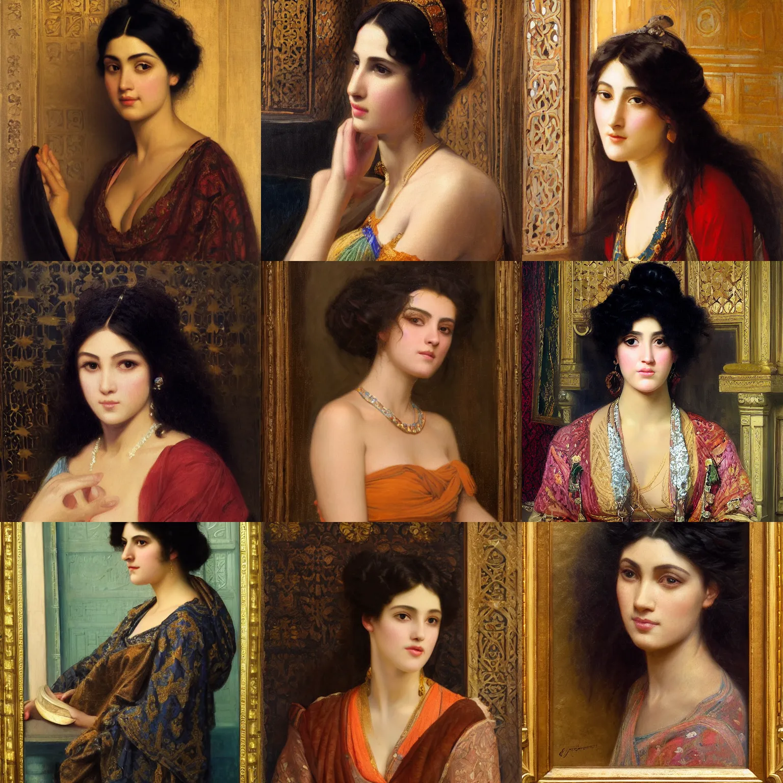 Prompt: orientalism painting of a beautiful woman in a palace blunt bangs curly dark hair face detail by edwin longsden long and theodore ralli and nasreddine dinet and adam styka, masterful intricate art. oil on canvas, excellent lighting, high detail 8 k