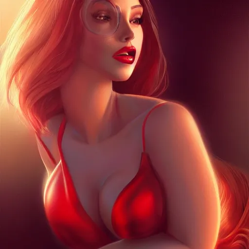 Image similar to jessica rabbit in a bikini, digital art, pretty face, very beautiful face, very detailed eyes, 8 k resolution, by wlop, greg rutkowski, full body