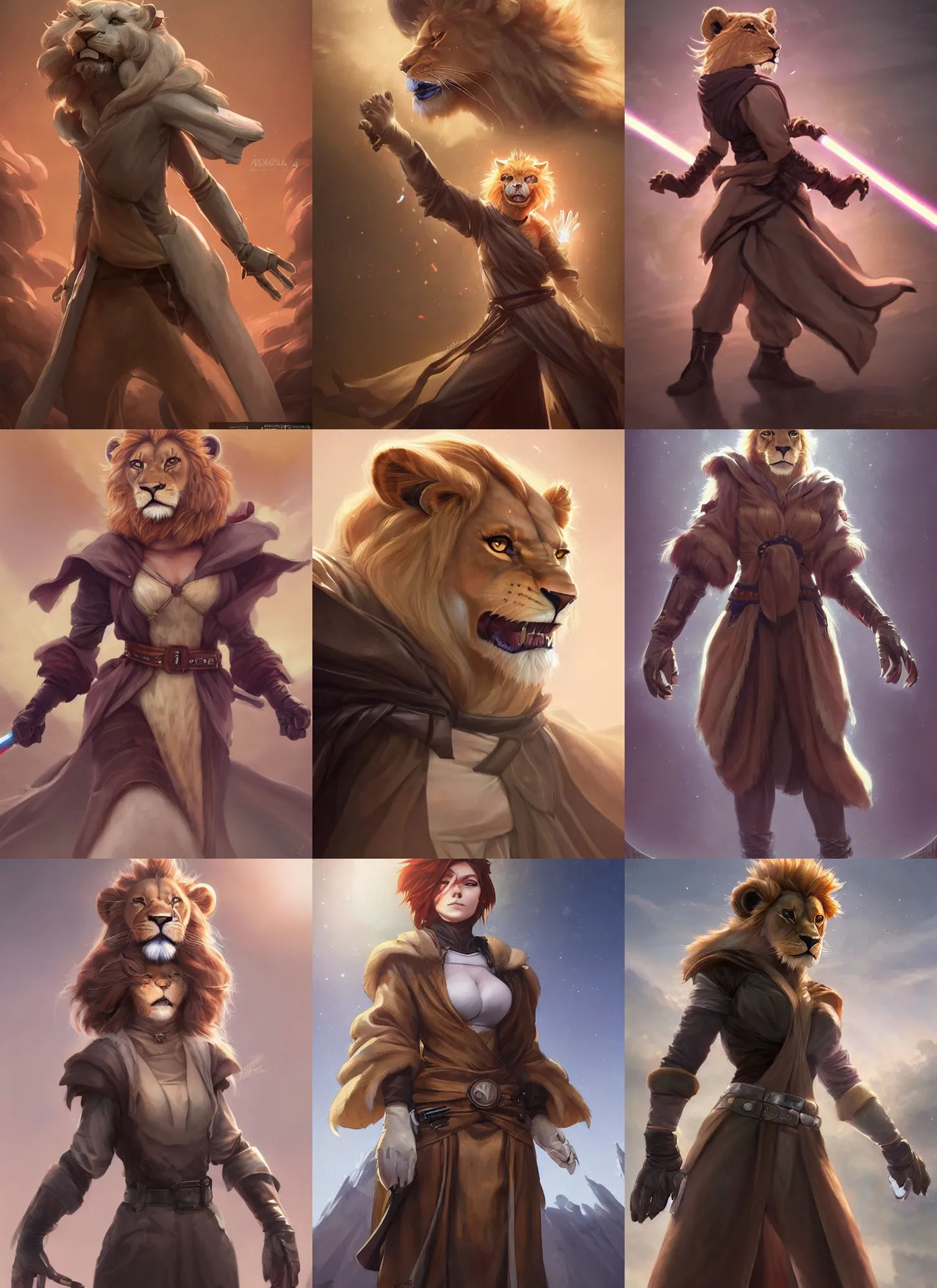 Prompt: beautiful portrait of a female anthropomorphic lion fursona wearing jedi robes. leather gloves. angry aggressive combat stance. character design by charlie bowater, ross tran, artgerm, and makoto shinkai, detailed, soft lighting, rendered in octane