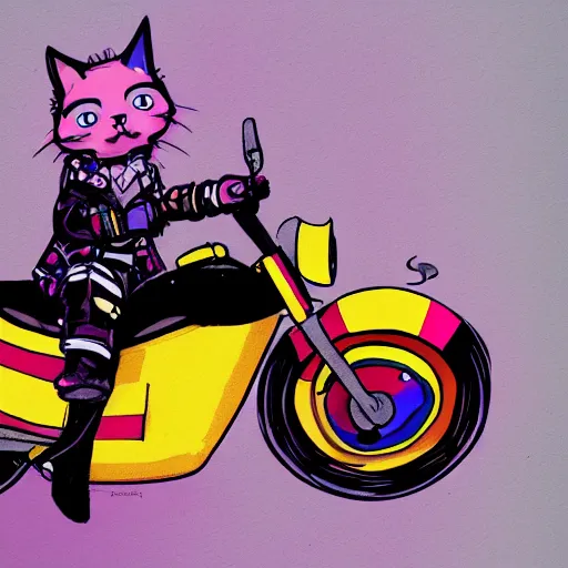 Image similar to wide angle full body, jacket wearing fluffy cute rainbow kitten wearing a black leather motorcycle jacket, riding on a motorcycle, cinematic concept art