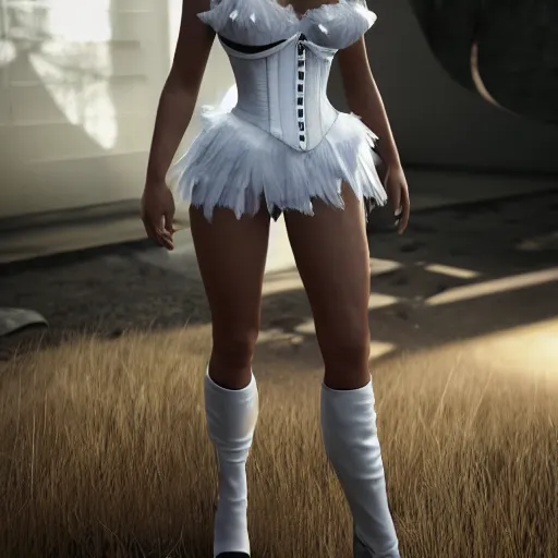 Image similar to apex's loba wearing white corset top, full body length, photorealistic, unreal engine 5, ray tracing, natural shaders