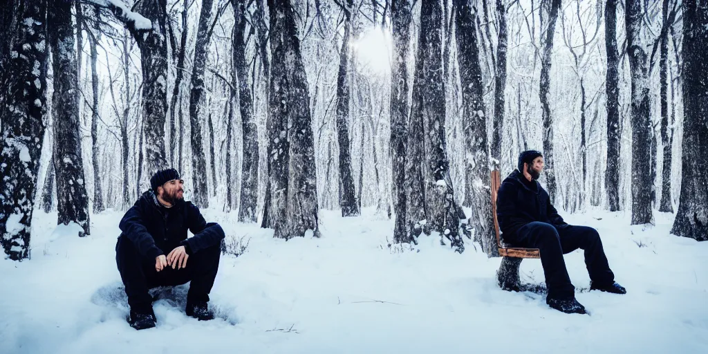 Prompt: survival in a winter forest, cinematic, cold tone, guy sitting down on log