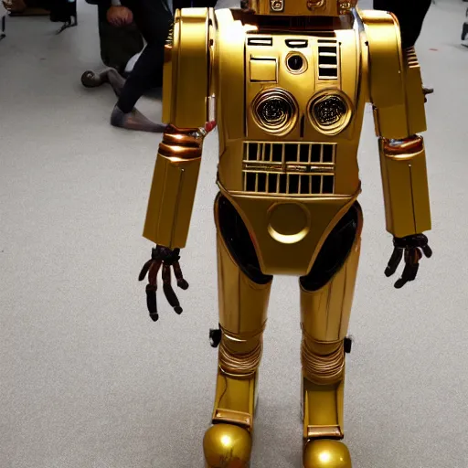 Image similar to c - 3 p 0 turned into a human, no longer a robot, has human skin, full body