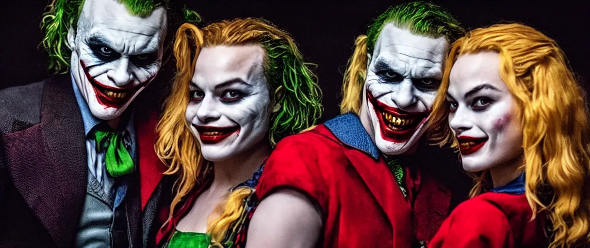 Image similar to heath ledger as the joker and margot robbie as harley quinn, posing shot, cinematic, ultra realistic, low lighting