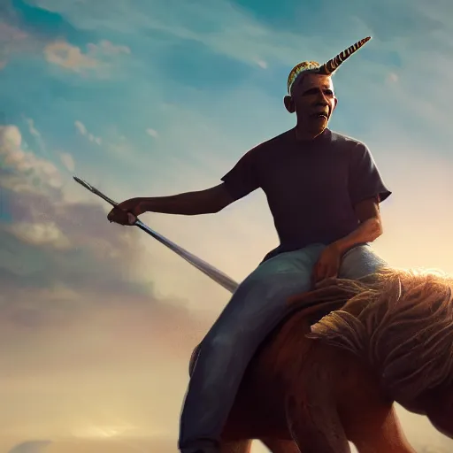 Prompt: obama riding a unicorn, hyperrealistic masterpiece, trending on artstation, cgsociety, kodakchrome, golden ratio, cinematic, composition, beautiful lighting, hyper detailed, octane render, 4 k, unreal engine