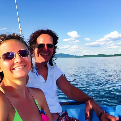 Prompt: selfie photograph of family summer boating on lake champlain