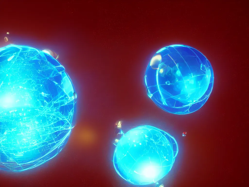 Image similar to a spherical blue hologram contraining atomic particles and a nuclear reaction. Octane renderer, artstation, extremely high details