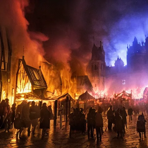 Image similar to a medieval city, plague, glowing fire, many people, wide angle