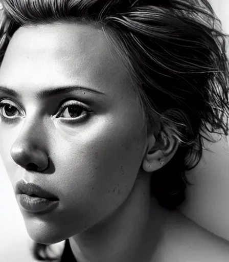 Prompt: a high quality, high detail, photorealistic portrait of scarlett johansson by james nachtwey and lucian freud,