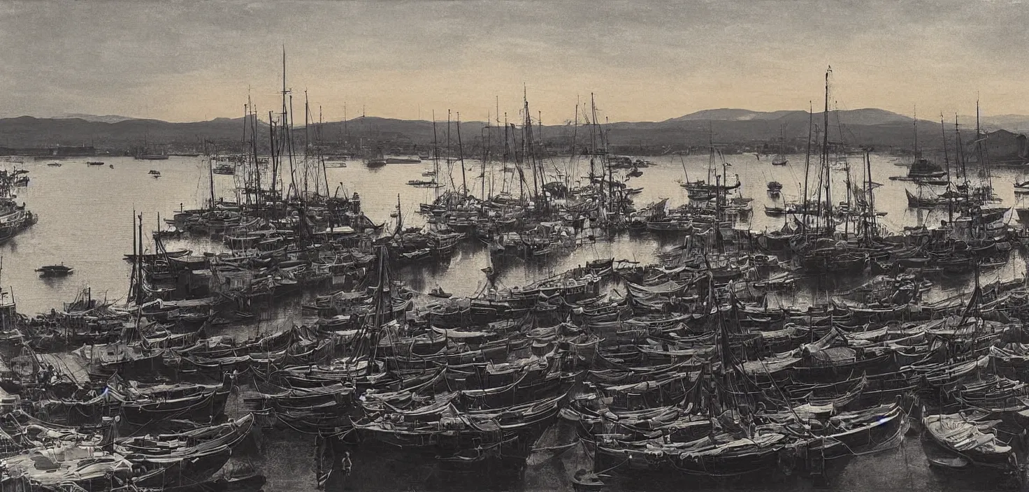 Image similar to beautiful sunset over a busy shipyard, trogir golden hour, 1 9 0 0 s photograph