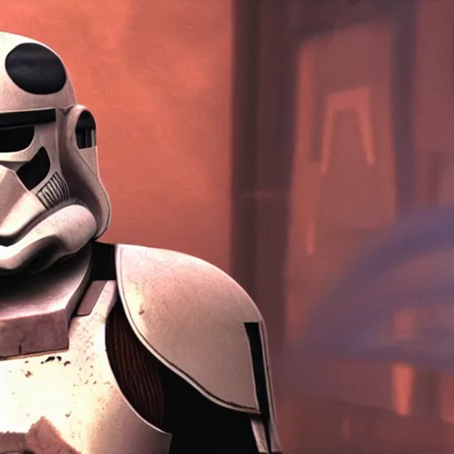 Image similar to clone trooper with his helmet off talking to Obi-Wan Kenobi