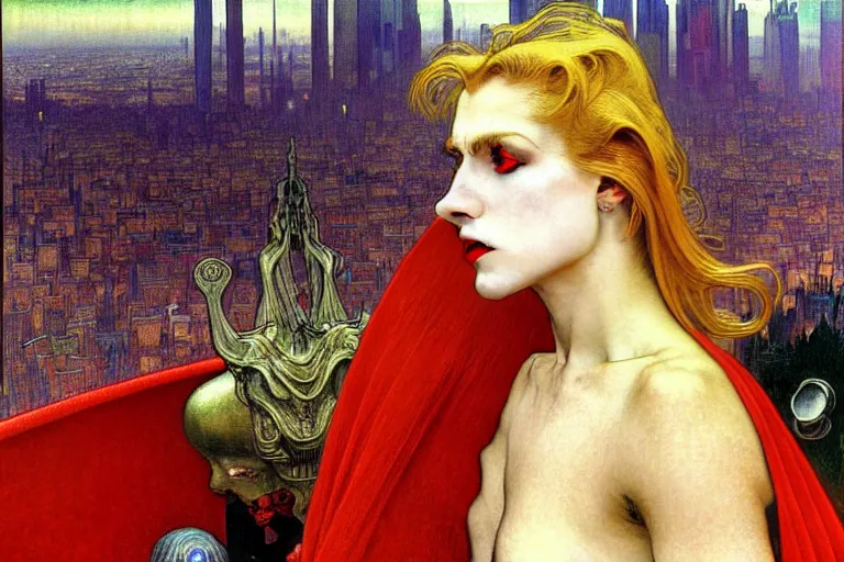 Prompt: realistic extremely detailed closeup portrait painting of an elegant blond male vampire in a cape, detailed crowded crowded futuristic city street on background by Jean Delville, Amano, Yves Tanguy, Ilya Repin, Alphonse Mucha, William Holman Hunt, Ernst Haeckel, Edward Robert Hughes, Roger Dean, rich moody colours