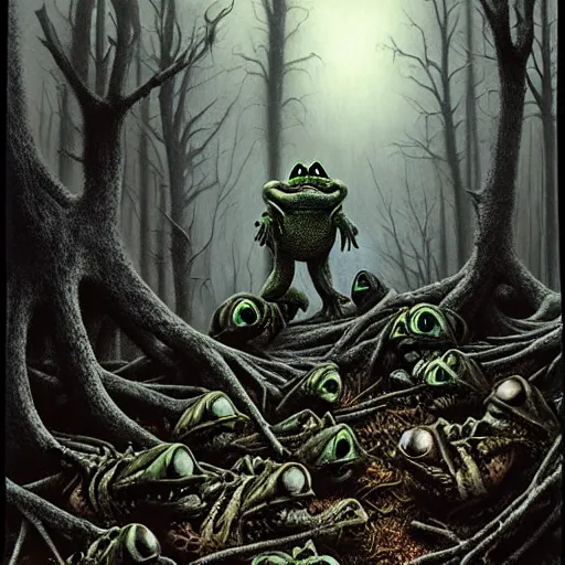 Prompt: evil toads in the forest, foggy, atmospheric, highly detailed, realistic, gothic horror, gerald brom