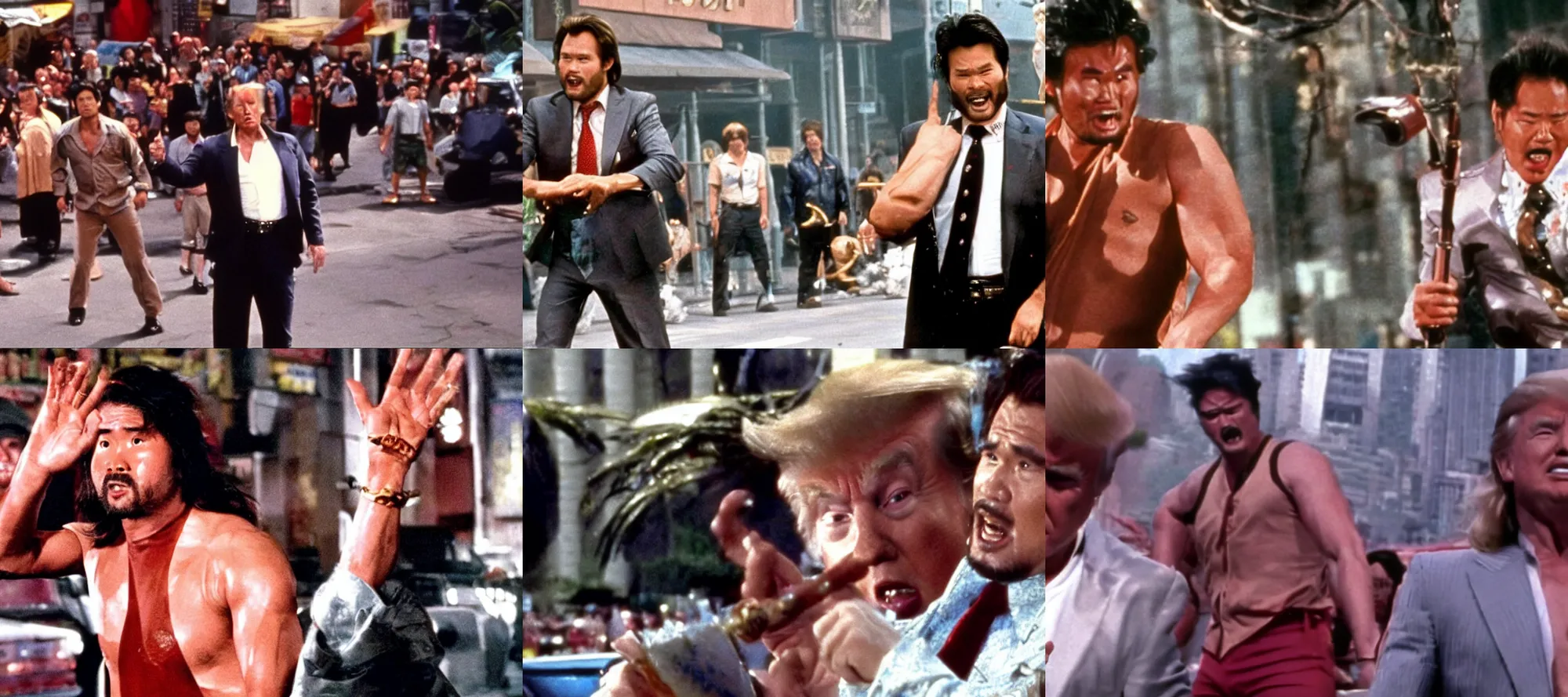 Prompt: action scene of trump in the movie big trouble in little china ( 1 9 8 6 )