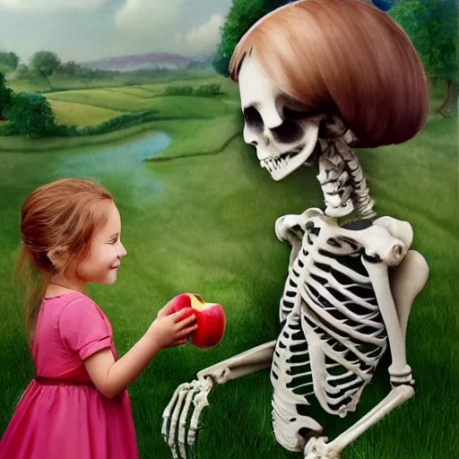 Prompt: a portrait of a beautiful little girl feeding an apple to a skeleton horse, the girl looks happy and have bright eyes and a porcelain face, matte painting 3 d watercolour rendering, in the style of lilia alvarado and mc escher!