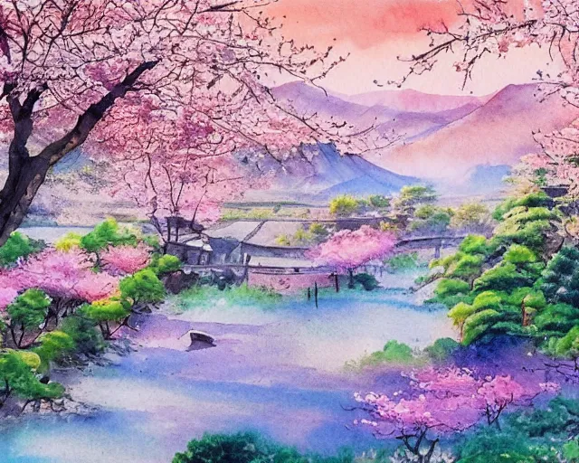 Prompt: countryside in japan, spring, cherry blossom, mountains, watercolor-wash