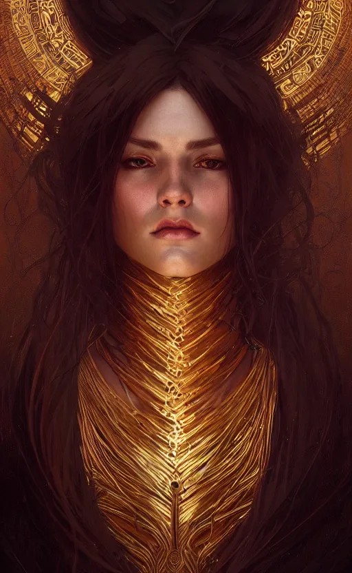 Image similar to portrait of a dark goddess, gold wires, visible veins, intricate, headshot, highly detailed, digital painting, artstation, concept art, sharp focus, cinematic lighting, illustration, art by artgerm and greg rutkowski, alphonse mucha, cgsociety