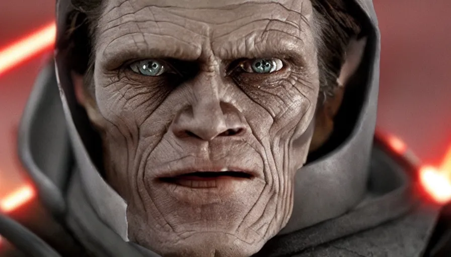 Image similar to Willem Dafoe as a Sith Lord, cinematic lighting, close-up, Star Wars cinematography