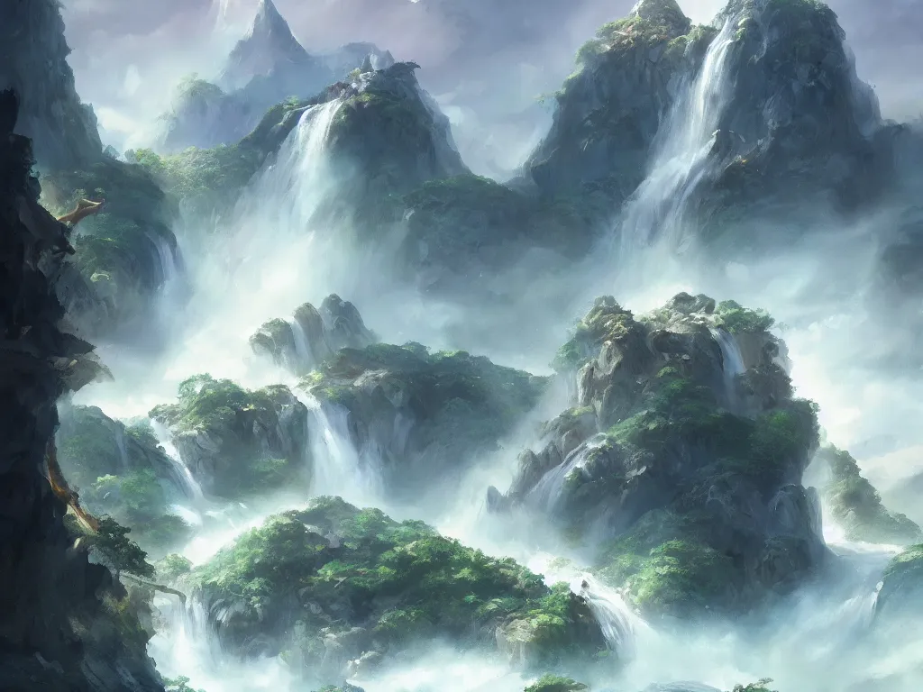 Image similar to A beautiful concept art painting of a giant levitating mountain island with waterfalls falling off its edges, by Natasha Tan, trending on artstation, dramatic lighting