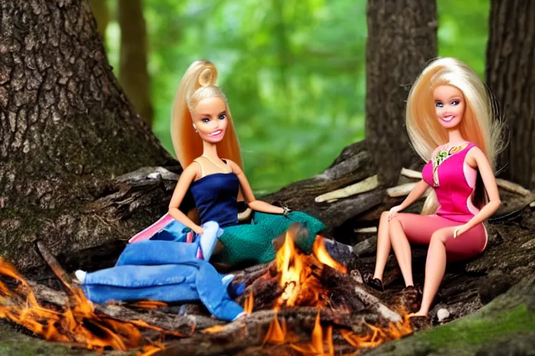 Image similar to Barbie and Ken sitting in the forest near the fireplace, Ken's face is melting, night, high-resolution photo,