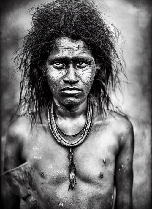 Image similar to Award winning Editorial photo of a Native Nauruans with incredible hair and beautiful hyper-detailed eyes wearing traditional garb by Lee Jeffries, 85mm ND 5, perfect lighting, gelatin silver process