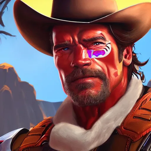 Image similar to a screenshot of arnold schwarzenegger as mccree in overwatch, portrait, fantasy, beautiful face, vivid colors, elegant, concept art, sharp focus, digital art, hyper - realistic, 4 k, unreal engine, highly detailed, hd, dramatic lighting by brom, trending on artstation