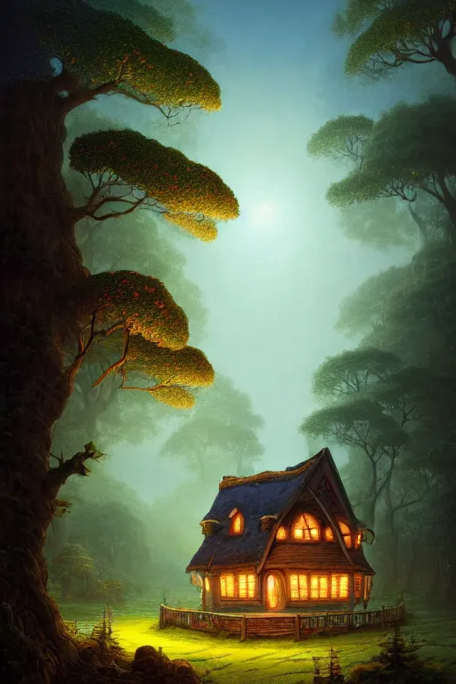 Image similar to a beautiful digital illustration painting of a fantasy little house in the night forest whimsical benoit b. mandelbrot, steven belledin, martin johnson heade, lee madgwick, caspar david friedrich, and david rios ferreira. 8 k resolution trending on artstation concept art digital illustration