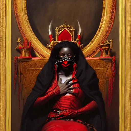 Image similar to full body portrait of black skinned, masked queen in red gothic robes sitting on a throne of bones, elegant, highly detailed painting by gaston bussiere, craig mullins, j. c. leyendecker, 8 k, mid shot