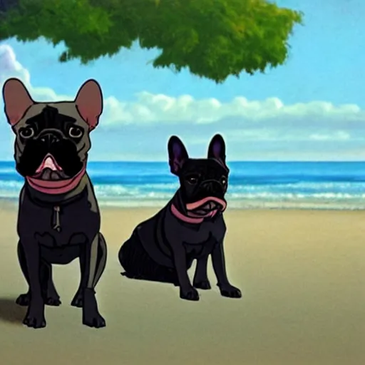 Image similar to black french bulldog in the beach, studio ghibli