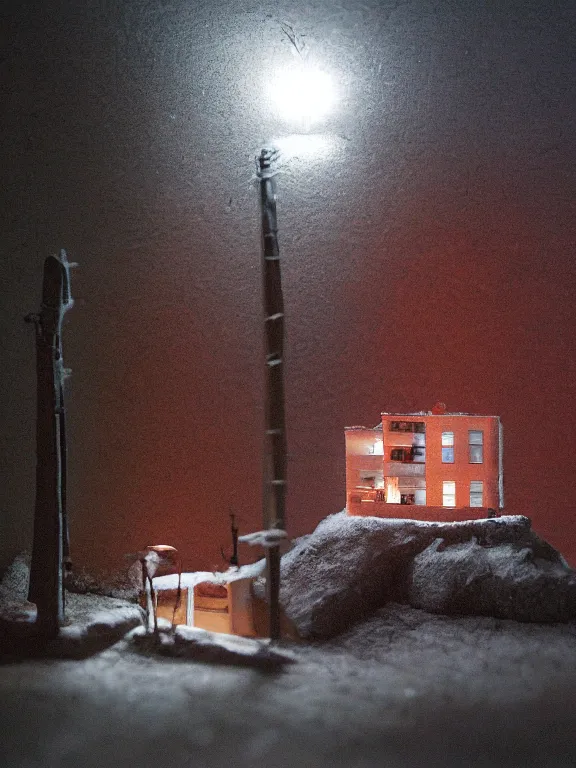 Image similar to small diorama a soviet residential building in soviet suburb, 9 0 s, lights are on in the windows, dark night, two man fighting for bottle of vodka on yard, cozy atmosphere, fog, cold winter, snowing, streetlamps with orange volumetric light, several birches nearby,