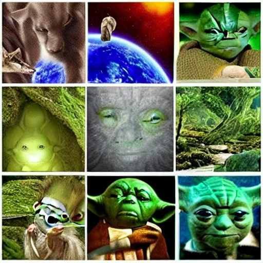 Image similar to a civilization of members of Yoda's species interacting with eachother on their home planet, award winning nature photo 8k