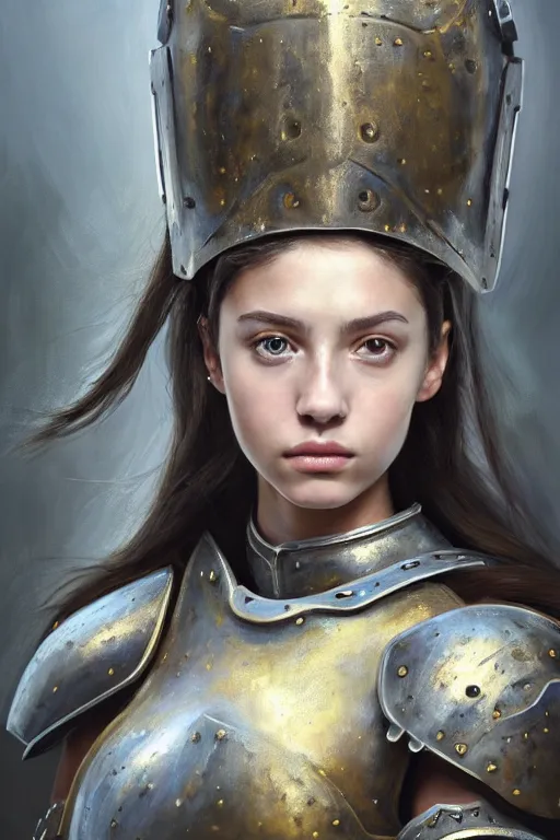 Image similar to a photo-realistically painted portrait of an attractive young girl, partially clothed in chunky battle armor, abstract background, flawless olive skin, fair complexion, long dark hair, beautiful bone structure, perfectly symmetric facial features, perfect photorealistic eyes, natural physique, intricate, elegant, digital painting, concept art, finely detailed, beautifully illustrated, sharp focus, minimal artifacts, volumetric lighting, from Metal Gear, by Ruan Jia and Mandy Jurgens and Artgerm and William-Adolphe Bouguerea, in the style of Greg Rutkowski, trending on Artstation, award winning art