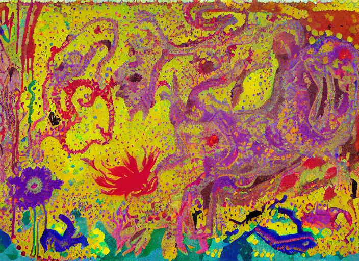 Image similar to expressionistic pixelated decollage painting golden armor alien zombie horseman riding on a crystal bone dragon broken rainbow diamond maggot horse in a blossoming meadow full of colorful mushrooms and golden foil toad blobs in a golden sunset, distant forest horizon, painted by Mark Rothko, Helen Frankenthaler, Danny Fox and Hilma af Klint, graffiti buff, pixel mosaic, semiabstract, color field painting, byzantine art, pop art look, naive, outsider art, very coherent symmetrical artwork. Beksinski painting, part by Philip Guston and Adrian Ghenie, art by George Condo, 8k, extreme detail, intricate detail, masterpiece