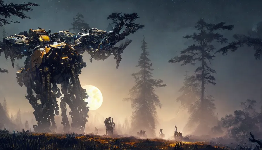 Image similar to large walking mech covered in gold and silver armor, horizon zero dawn aesthetic, beautiful moon lit night, many glowing lights, beautiful forests and trees, intricate detail, epic wallpaper, art by darek zabrocki and John Park and Feng Zhu and Jason Chan, trending on artstation, masterpiece.